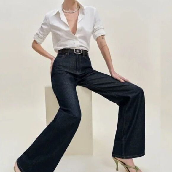 Reformation Denim - Reformation Cary High rise Slouchy straight Leg Jeans Dark Blue Quarry Size 31